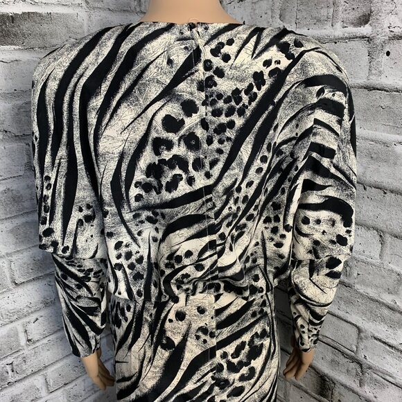 Vintage Animal Print Dress 7 Black White Chiffon Long Dolman Sleeve Corset Skirt - Picture 6 of 15